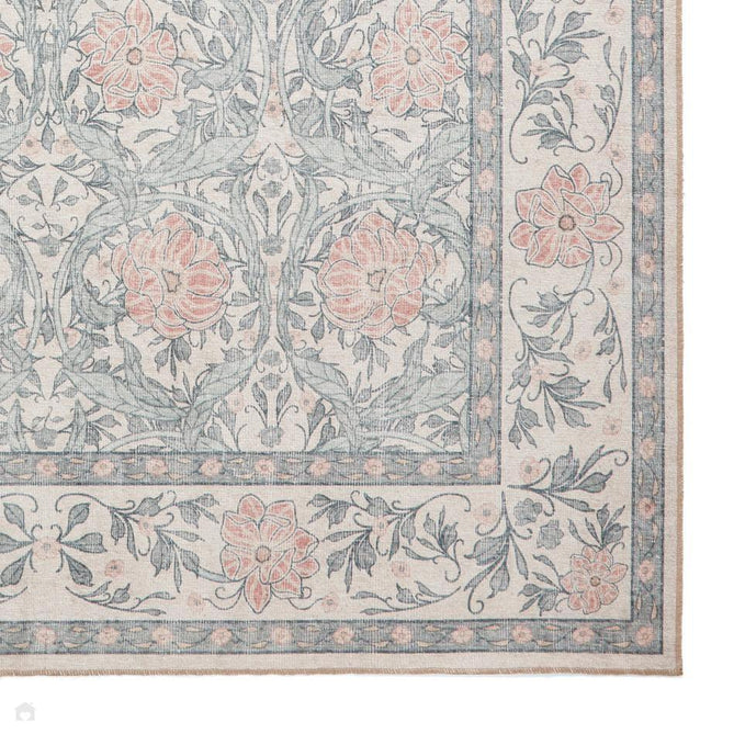 Washable Versailles H1424 Traditional Floral Border Distressed Soft Digitally Printed Lightweight Textured Polyester Flatweave Warm Beige/Muted Blue-Grey/Powder Blue/Blush Pink Rug-Think Rugs-Rug Love - The Most Loved Rug Store
