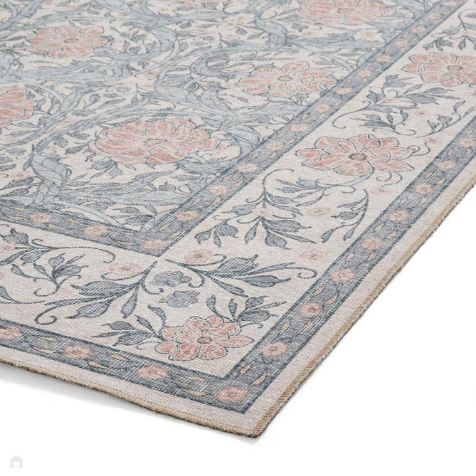 Washable Versailles H1424 Traditional Floral Border Distressed Soft Digitally Printed Lightweight Textured Polyester Flatweave Warm Beige/Muted Blue-Grey/Powder Blue/Blush Pink Rug-Think Rugs-Rug Love - The Most Loved Rug Store