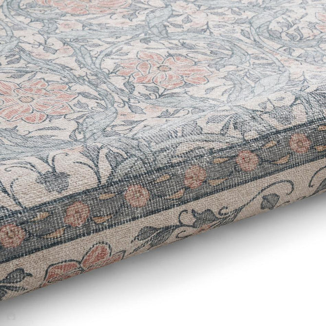 Washable Versailles H1424 Traditional Floral Border Distressed Soft Digitally Printed Lightweight Textured Polyester Flatweave Warm Beige/Muted Blue-Grey/Powder Blue/Blush Pink Rug-Think Rugs-Rug Love - The Most Loved Rug Store