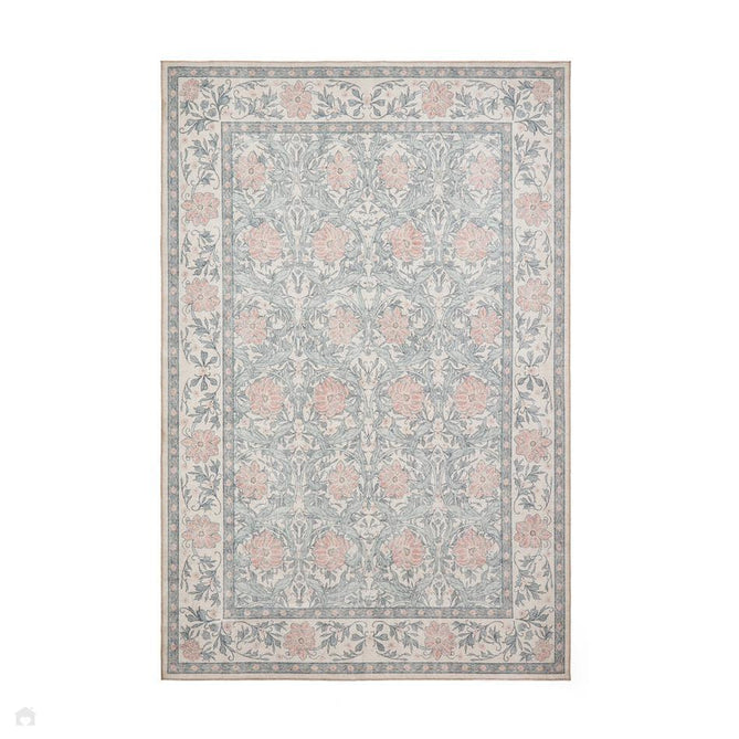 Washable Versailles H1424 Traditional Floral Border Distressed Soft Digitally Printed Lightweight Textured Polyester Flatweave Warm Beige/Muted Blue-Grey/Powder Blue/Blush Pink Rug-Think Rugs-Rug Love - The Most Loved Rug Store