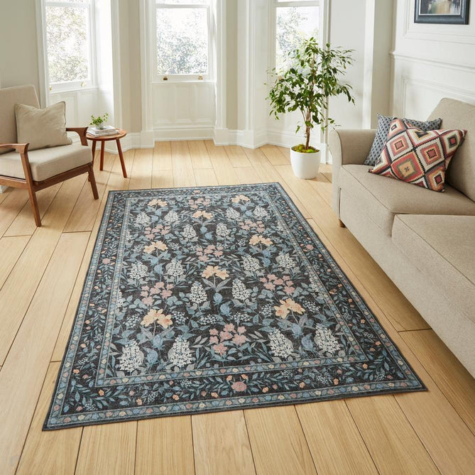 Washable Versailles H1425 Traditional Floral Border Distressed Soft Digitally Printed Lightweight Textured Polyester Flatweave Deep Dark Navy Blue Rug-Think Rugs-Rug Love - The Most Loved Rug Store