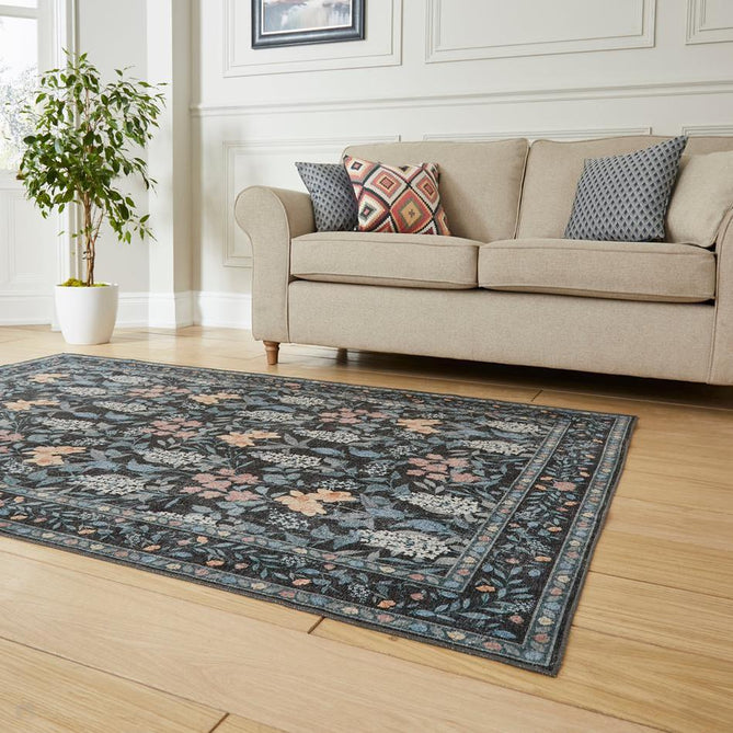 Washable Versailles H1425 Traditional Floral Border Distressed Soft Digitally Printed Lightweight Textured Polyester Flatweave Deep Dark Navy Blue Rug-Think Rugs-Rug Love - The Most Loved Rug Store