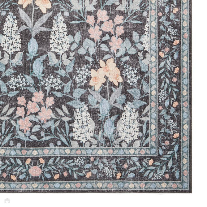 Washable Versailles H1425 Traditional Floral Border Distressed Soft Digitally Printed Lightweight Textured Polyester Flatweave Deep Dark Navy Blue Rug-Think Rugs-Rug Love - The Most Loved Rug Store