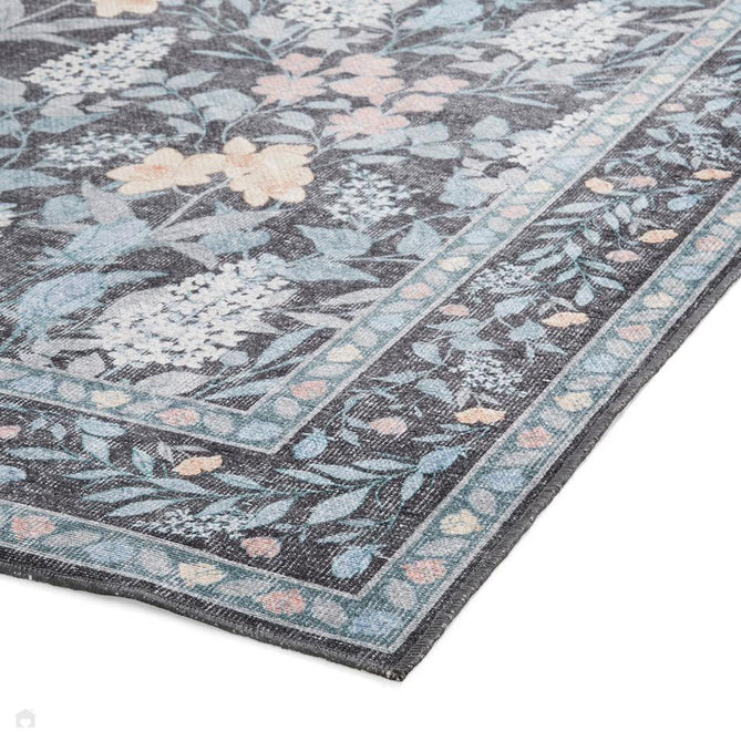 Washable Versailles H1425 Traditional Floral Border Distressed Soft Digitally Printed Lightweight Textured Polyester Flatweave Deep Dark Navy Blue Rug-Think Rugs-Rug Love - The Most Loved Rug Store