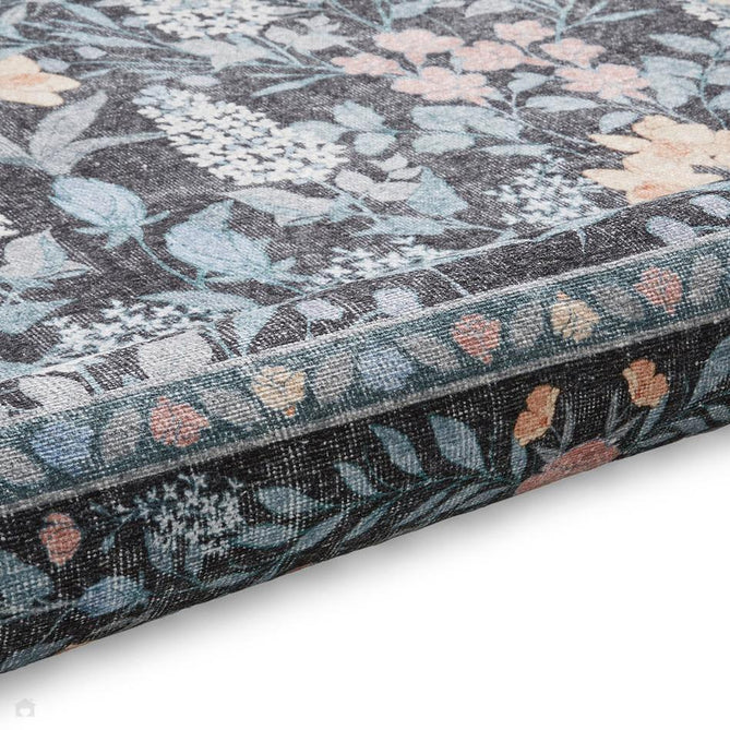 Washable Versailles H1425 Traditional Floral Border Distressed Soft Digitally Printed Lightweight Textured Polyester Flatweave Deep Dark Navy Blue Rug-Think Rugs-Rug Love - The Most Loved Rug Store