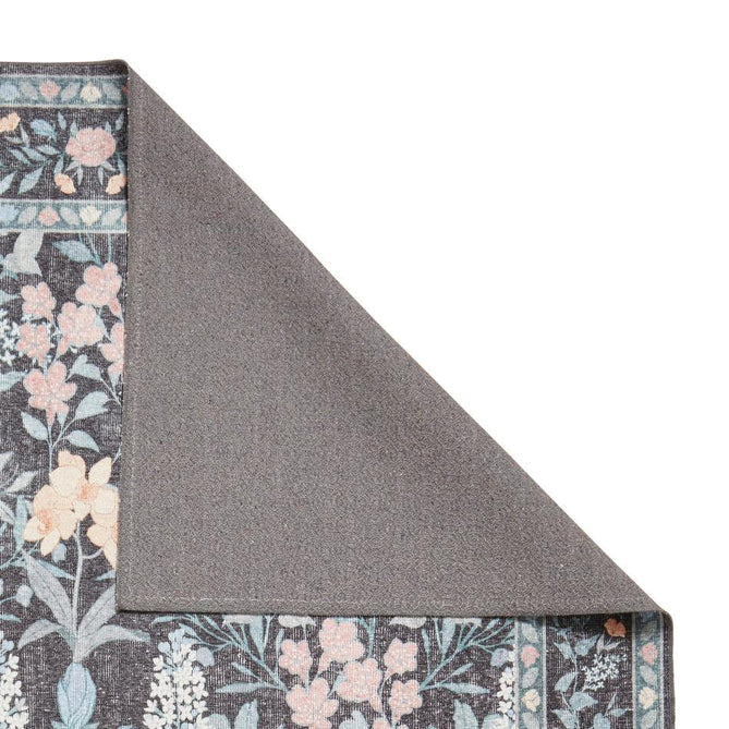 Washable Versailles H1425 Traditional Floral Border Distressed Soft Digitally Printed Lightweight Textured Polyester Flatweave Deep Dark Navy Blue Rug-Think Rugs-Rug Love - The Most Loved Rug Store