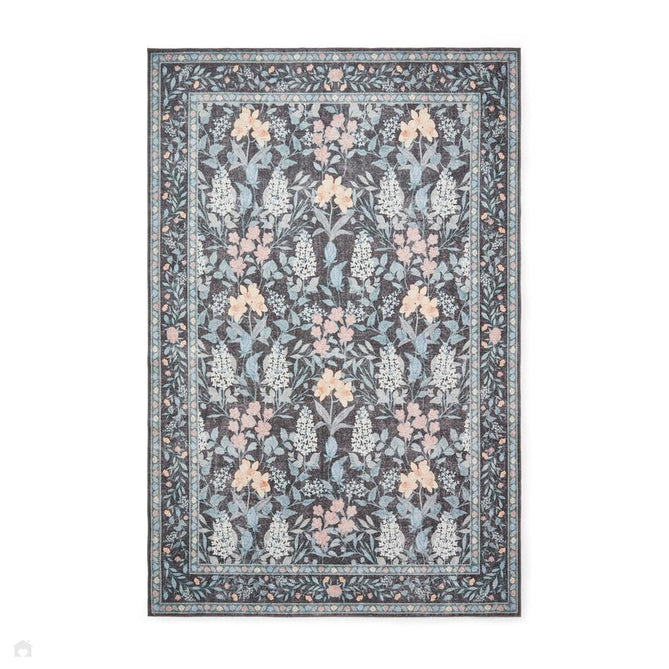 Washable Versailles H1425 Traditional Floral Border Distressed Soft Digitally Printed Lightweight Textured Polyester Flatweave Deep Dark Navy Blue Rug-Think Rugs-Rug Love - The Most Loved Rug Store