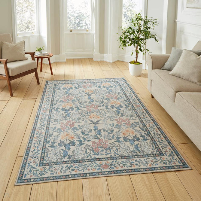 Washable Versailles H1425 Traditional Floral Border Distressed Soft Digitally Printed Lightweight Textured Polyester Flatweave Warm Beige/Muted Sky Blue Rug-Think Rugs-Rug Love - The Most Loved Rug Store