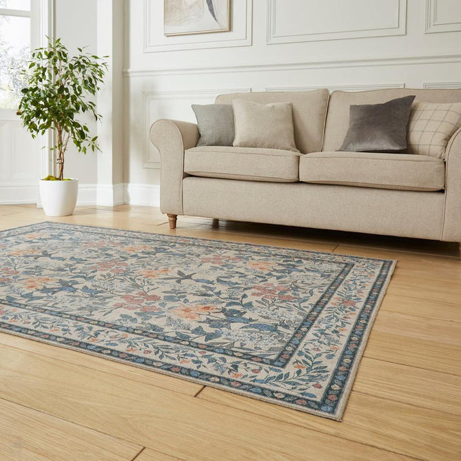 Washable Versailles H1425 Traditional Floral Border Distressed Soft Digitally Printed Lightweight Textured Polyester Flatweave Warm Beige/Muted Sky Blue Rug-Think Rugs-Rug Love - The Most Loved Rug Store