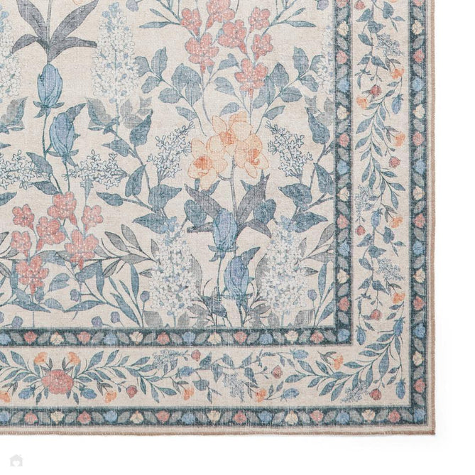 Washable Versailles H1425 Traditional Floral Border Distressed Soft Digitally Printed Lightweight Textured Polyester Flatweave Warm Beige/Muted Sky Blue Rug-Think Rugs-Rug Love - The Most Loved Rug Store