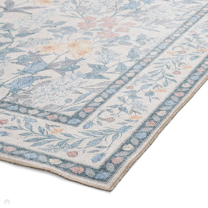 Washable Versailles H1425 Traditional Floral Border Distressed Soft Digitally Printed Lightweight Textured Polyester Flatweave Warm Beige/Muted Sky Blue Rug-Think Rugs-Rug Love - The Most Loved Rug Store