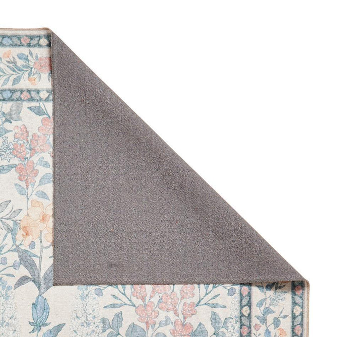Washable Versailles H1425 Traditional Floral Border Distressed Soft Digitally Printed Lightweight Textured Polyester Flatweave Warm Beige/Muted Sky Blue Rug-Think Rugs-Rug Love - The Most Loved Rug Store