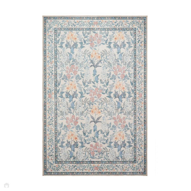 Washable Versailles H1425 Traditional Floral Border Distressed Soft Digitally Printed Lightweight Textured Polyester Flatweave Warm Beige/Muted Sky Blue Rug-Think Rugs-Rug Love - The Most Loved Rug Store