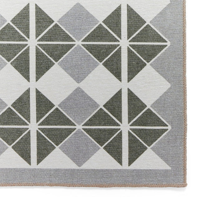 Washable Victoria H1184 Modern Vintage Diamond Grid Triangular Tessellation Lightweight Printed Polyester Flatweave Grey/Green Rug-Think Rugs-Rug Love - The Most Loved Rug Store