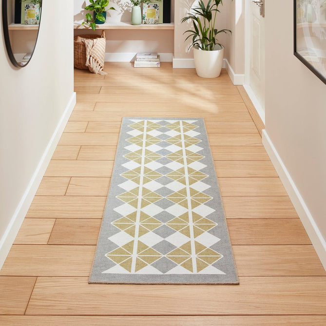 Washable Victoria H1184 Modern Vintage Diamond Grid Triangular Tessellation Lightweight Printed Polyester Flatweave Grey/Yellow Runner-Think Rugs-Rug Love - The Most Loved Rug Store