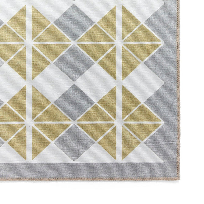 Washable Victoria H1184 Modern Vintage Diamond Grid Triangular Tessellation Lightweight Printed Polyester Flatweave Grey/Yellow Runner-Think Rugs-Rug Love - The Most Loved Rug Store