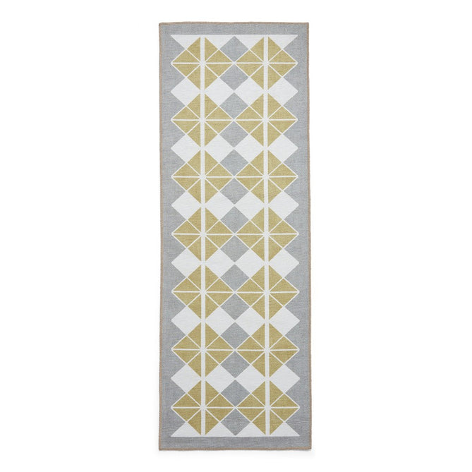 Washable Victoria H1184 Modern Vintage Diamond Grid Triangular Tessellation Lightweight Printed Polyester Flatweave Grey/Yellow Runner-Think Rugs-Rug Love - The Most Loved Rug Store
