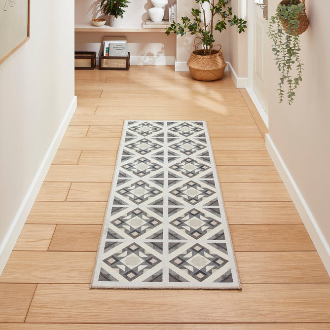 Washable Victoria H1187 Modern Vintage Diamond Tile Lattice Star Lightweight Printed Polyester Flatweave Grey/Beige Runner-Think Rugs-Rug Love - The Most Loved Rug Store
