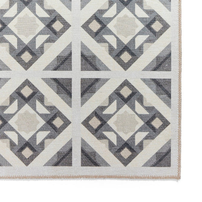 Washable Victoria H1187 Modern Vintage Diamond Tile Lattice Star Lightweight Printed Polyester Flatweave Grey/Beige Runner-Think Rugs-Rug Love - The Most Loved Rug Store
