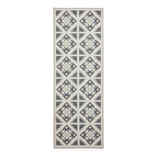 Washable Victoria H1187 Modern Vintage Diamond Tile Lattice Star Lightweight Printed Polyester Flatweave Grey/Beige Runner-Think Rugs-Rug Love - The Most Loved Rug Store
