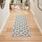 Washable Victoria H1187 Modern Vintage Diamond Tile Lattice Star Lightweight Printed Polyester Flatweave Grey/Yellow Runner