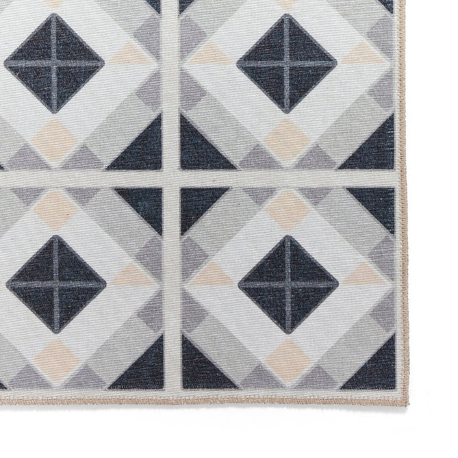 Washable Victoria H1190 Modern Vintage Geometric Diamond Tile Lightweight Printed Polyester Flatweave Grey/Beige Rug-Think Rugs-Rug Love - The Most Loved Rug Store