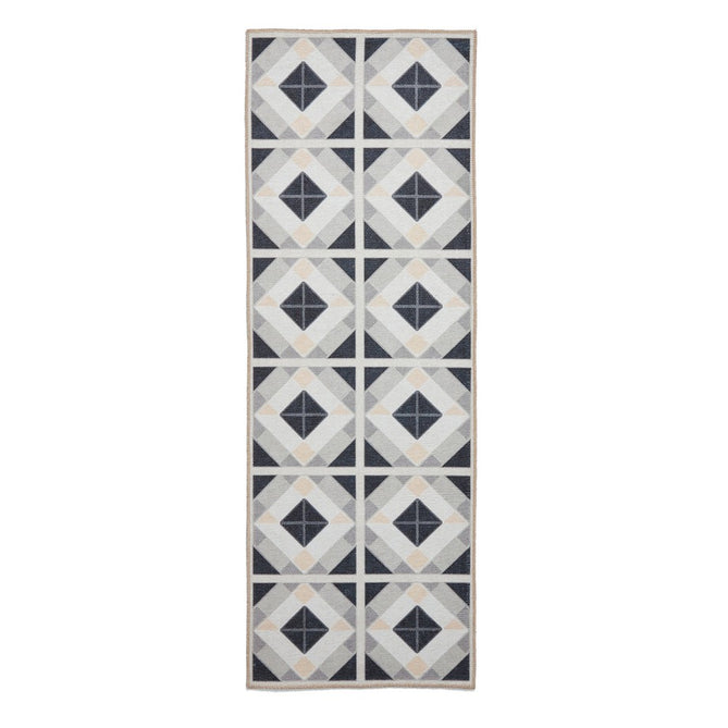 Washable Victoria H1190 Modern Vintage Geometric Diamond Tile Lightweight Printed Polyester Flatweave Grey/Beige Runner-Think Rugs-Rug Love - The Most Loved Rug Store