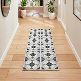 Washable Victoria H1190 Modern Vintage Geometric Diamond Tile Lightweight Printed Polyester Flatweave Grey/Green Runner