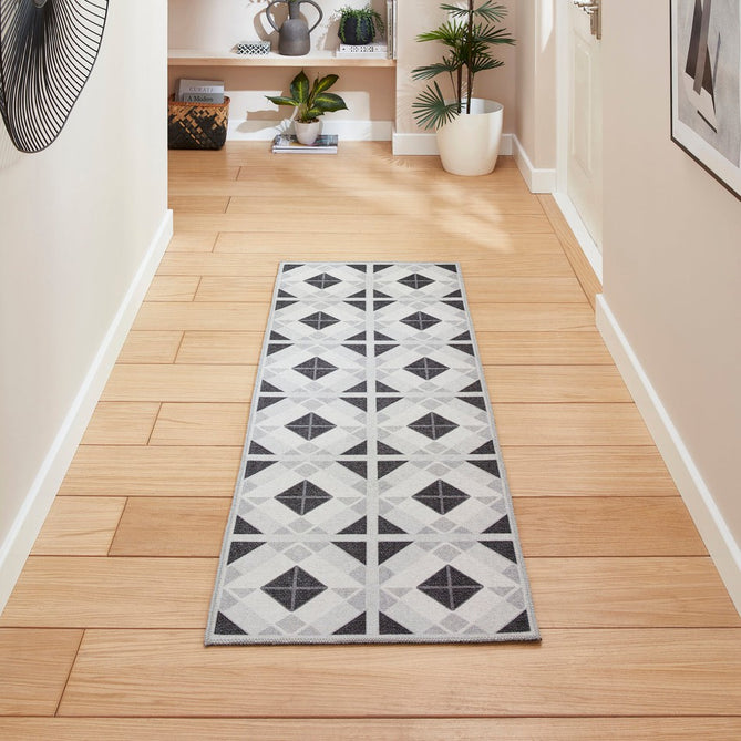 Washable Victoria H1190 Modern Vintage Geometric Diamond Tile Lightweight Printed Polyester Flatweave Grey/Light Grey Runner-Think Rugs-Rug Love - The Most Loved Rug Store