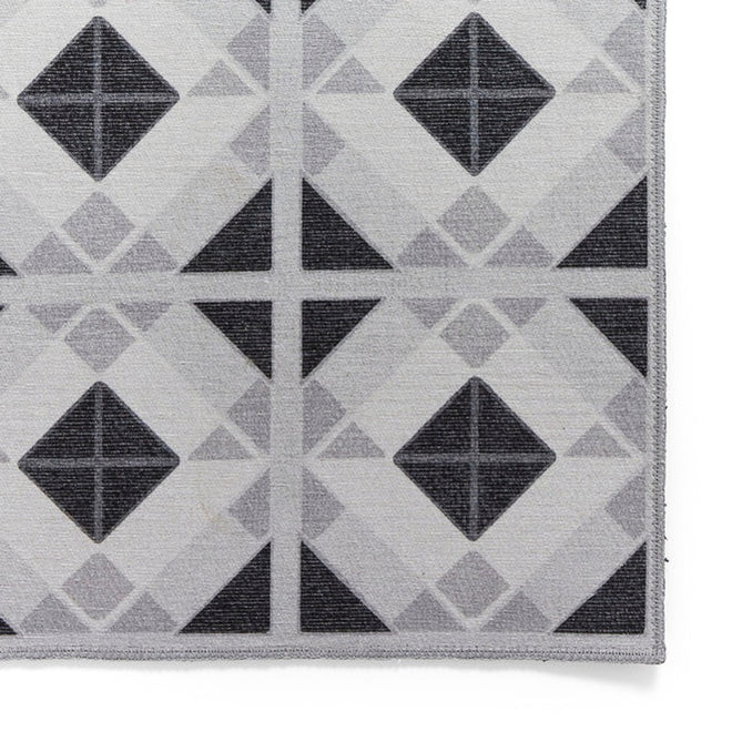 Washable Victoria H1190 Modern Vintage Geometric Diamond Tile Lightweight Printed Polyester Flatweave Grey/Light Grey Runner-Think Rugs-Rug Love - The Most Loved Rug Store