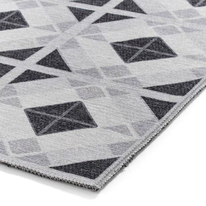Washable Victoria H1190 Modern Vintage Geometric Diamond Tile Lightweight Printed Polyester Flatweave Grey/Light Grey Runner-Think Rugs-Rug Love - The Most Loved Rug Store