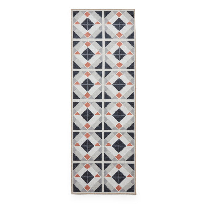 Washable Victoria H1190 Modern Vintage Geometric Diamond Tile Lightweight Printed Polyester Flatweave Grey/Orange Rug-Think Rugs-Rug Love - The Most Loved Rug Store