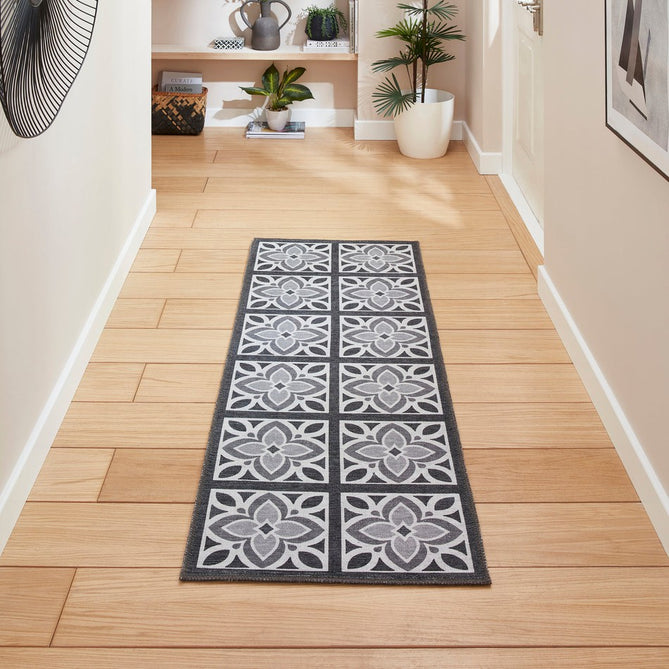 Washable Victoria H1191 Modern Vintage Lotus Floral Tile Mosaic Lightweight Printed Polyester Flatweave Charcoal Grey/Grey Rug-Think Rugs-Rug Love - The Most Loved Rug Store