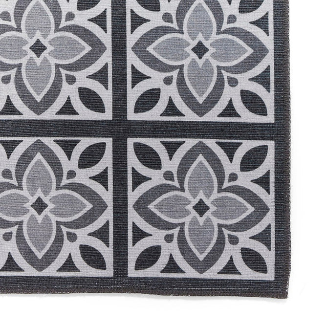 Washable Victoria H1191 Modern Vintage Lotus Floral Tile Mosaic Lightweight Printed Polyester Flatweave Charcoal Grey/Grey Rug-Think Rugs-Rug Love - The Most Loved Rug Store