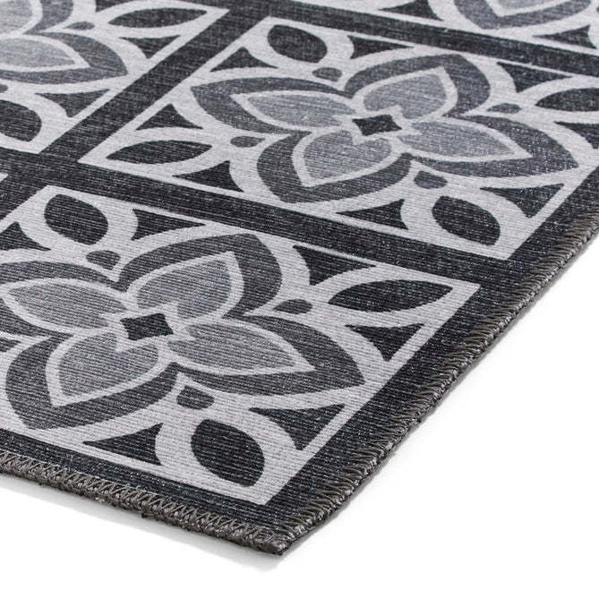 Washable Victoria H1191 Modern Vintage Lotus Floral Tile Mosaic Lightweight Printed Polyester Flatweave Charcoal Grey/Grey Rug-Think Rugs-Rug Love - The Most Loved Rug Store