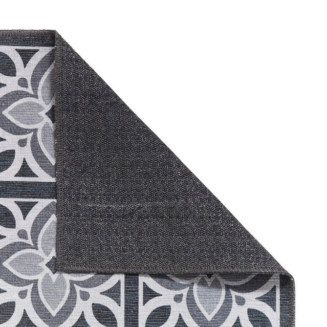Washable Victoria H1191 Modern Vintage Lotus Floral Tile Mosaic Lightweight Printed Polyester Flatweave Charcoal Grey/Grey Rug-Think Rugs-Rug Love - The Most Loved Rug Store