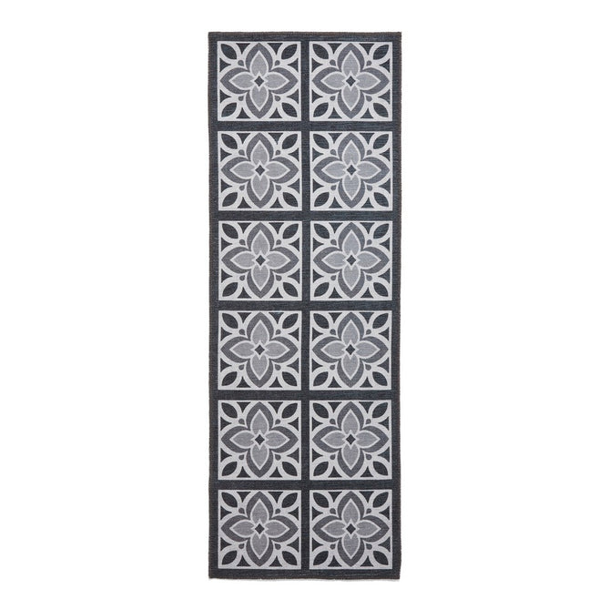 Washable Victoria H1191 Modern Vintage Lotus Floral Tile Mosaic Lightweight Printed Polyester Flatweave Charcoal Grey/Grey Rug-Think Rugs-Rug Love - The Most Loved Rug Store