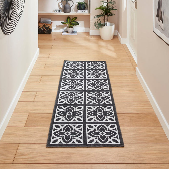 Washable Victoria H1191 Modern Vintage Lotus Floral Tile Mosaic Lightweight Printed Polyester Flatweave Dark Grey Rug-Think Rugs-Rug Love - The Most Loved Rug Store
