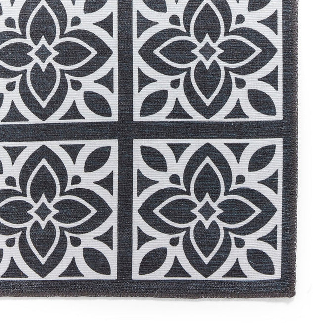 Washable Victoria H1191 Modern Vintage Lotus Floral Tile Mosaic Lightweight Printed Polyester Flatweave Dark Grey Rug-Think Rugs-Rug Love - The Most Loved Rug Store