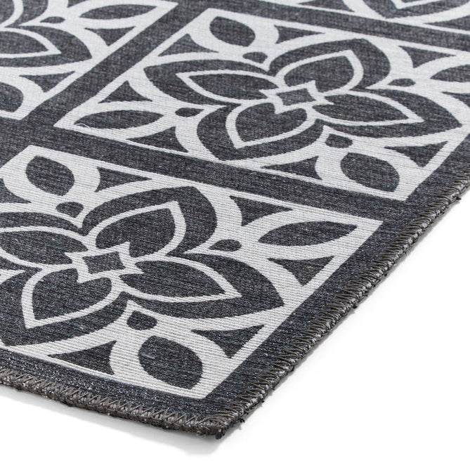 Washable Victoria H1191 Modern Vintage Lotus Floral Tile Mosaic Lightweight Printed Polyester Flatweave Dark Grey Rug-Think Rugs-Rug Love - The Most Loved Rug Store