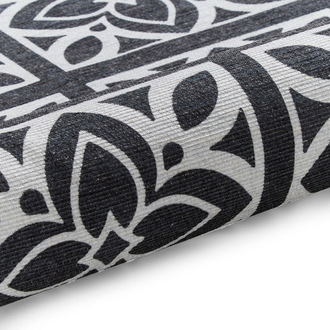 Washable Victoria H1191 Modern Vintage Lotus Floral Tile Mosaic Lightweight Printed Polyester Flatweave Dark Grey Rug-Think Rugs-Rug Love - The Most Loved Rug Store