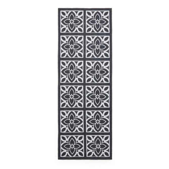Washable Victoria H1191 Modern Vintage Lotus Floral Tile Mosaic Lightweight Printed Polyester Flatweave Dark Grey Rug-Think Rugs-Rug Love - The Most Loved Rug Store