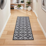 Washable Victoria H1191 Modern Vintage Lotus Floral Tile Mosaic Lightweight Printed Polyester Flatweave Dark Grey Runner