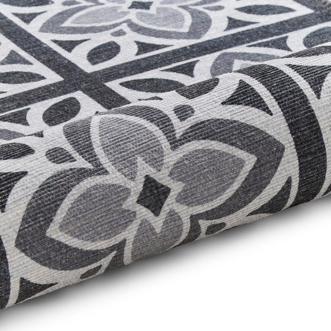 Washable Victoria H1191 Modern Vintage Lotus Floral Tile Mosaic Lightweight Printed Polyester Flatweave Grey Runner-Think Rugs-Rug Love - The Most Loved Rug Store