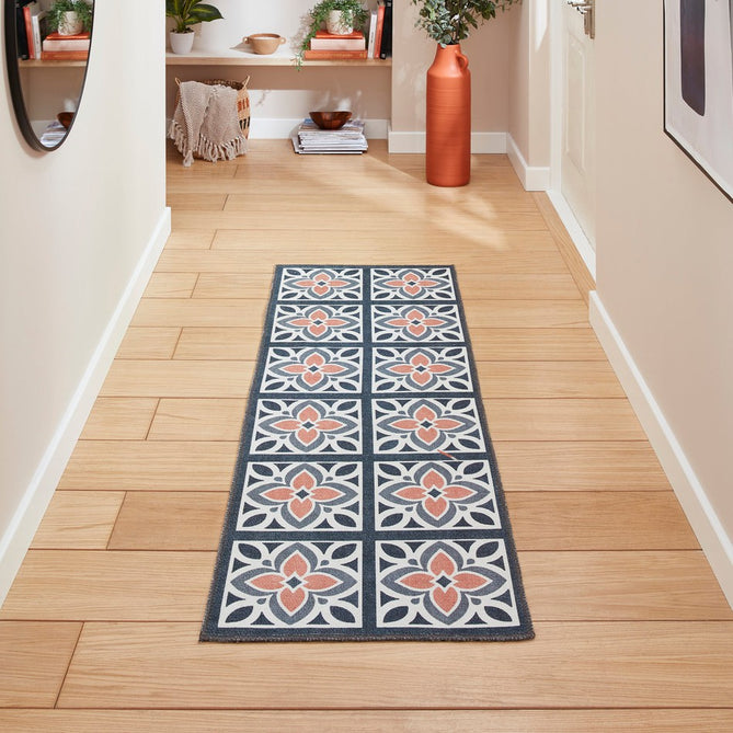 Washable Victoria H1191 Modern Vintage Lotus Floral Tile Mosaic Lightweight Printed Polyester Flatweave Grey/Orange Runner-Think Rugs-Rug Love - The Most Loved Rug Store