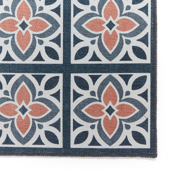 Washable Victoria H1191 Modern Vintage Lotus Floral Tile Mosaic Lightweight Printed Polyester Flatweave Grey/Orange Runner-Think Rugs-Rug Love - The Most Loved Rug Store