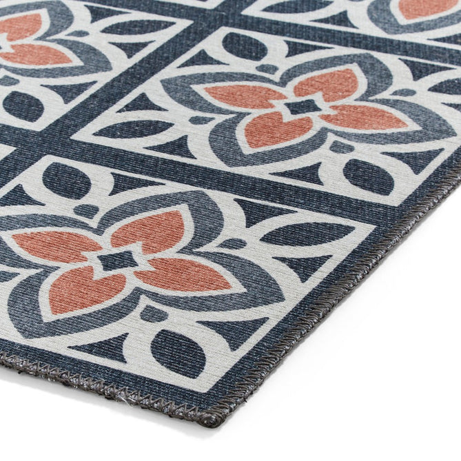 Washable Victoria H1191 Modern Vintage Lotus Floral Tile Mosaic Lightweight Printed Polyester Flatweave Grey/Orange Runner-Think Rugs-Rug Love - The Most Loved Rug Store