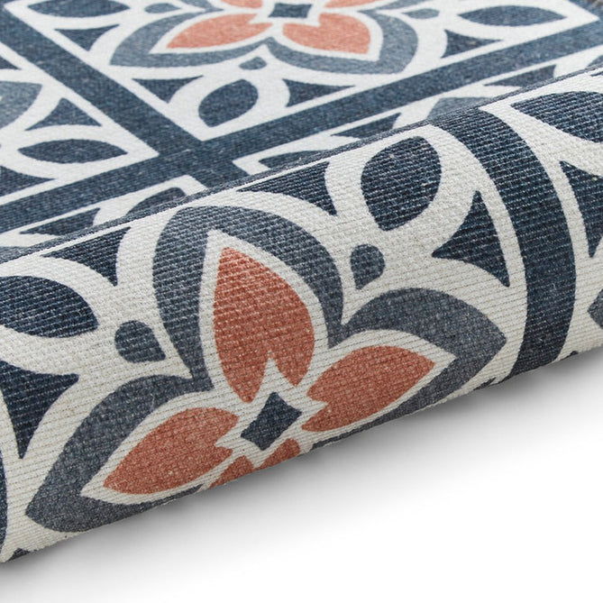 Washable Victoria H1191 Modern Vintage Lotus Floral Tile Mosaic Lightweight Printed Polyester Flatweave Grey/Orange Runner-Think Rugs-Rug Love - The Most Loved Rug Store