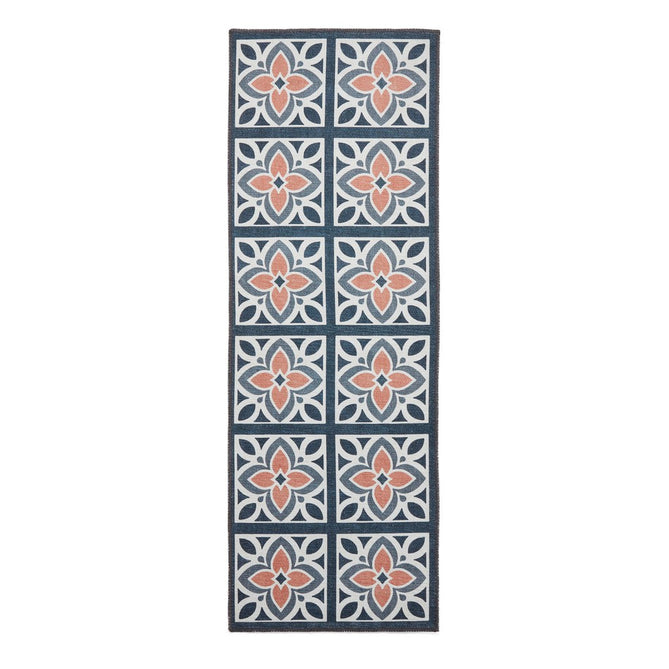 Washable Victoria H1191 Modern Vintage Lotus Floral Tile Mosaic Lightweight Printed Polyester Flatweave Grey/Orange Runner-Think Rugs-Rug Love - The Most Loved Rug Store
