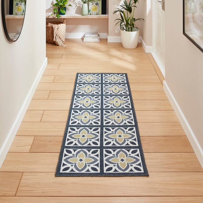 Washable Victoria H1191 Modern Vintage Lotus Floral Tile Mosaic Lightweight Printed Polyester Flatweave Grey/Yellow Rug-Think Rugs-Rug Love - The Most Loved Rug Store